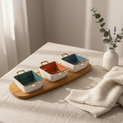 Porcelain Bowl Set & Wooden Base